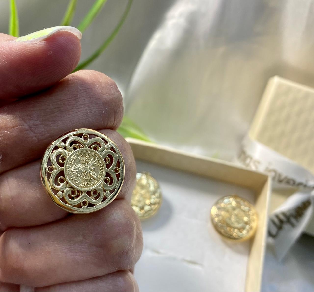 Juego de aretes, anillo y dije mandala tipo centenario, Chapa de oro