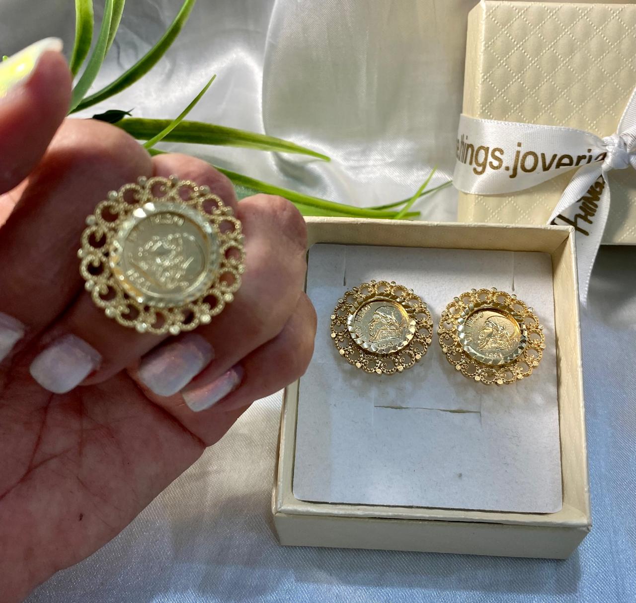 Juego de aretes y anillo de moneda de Morelos con bicel tipo filigrana, Chapa de or
