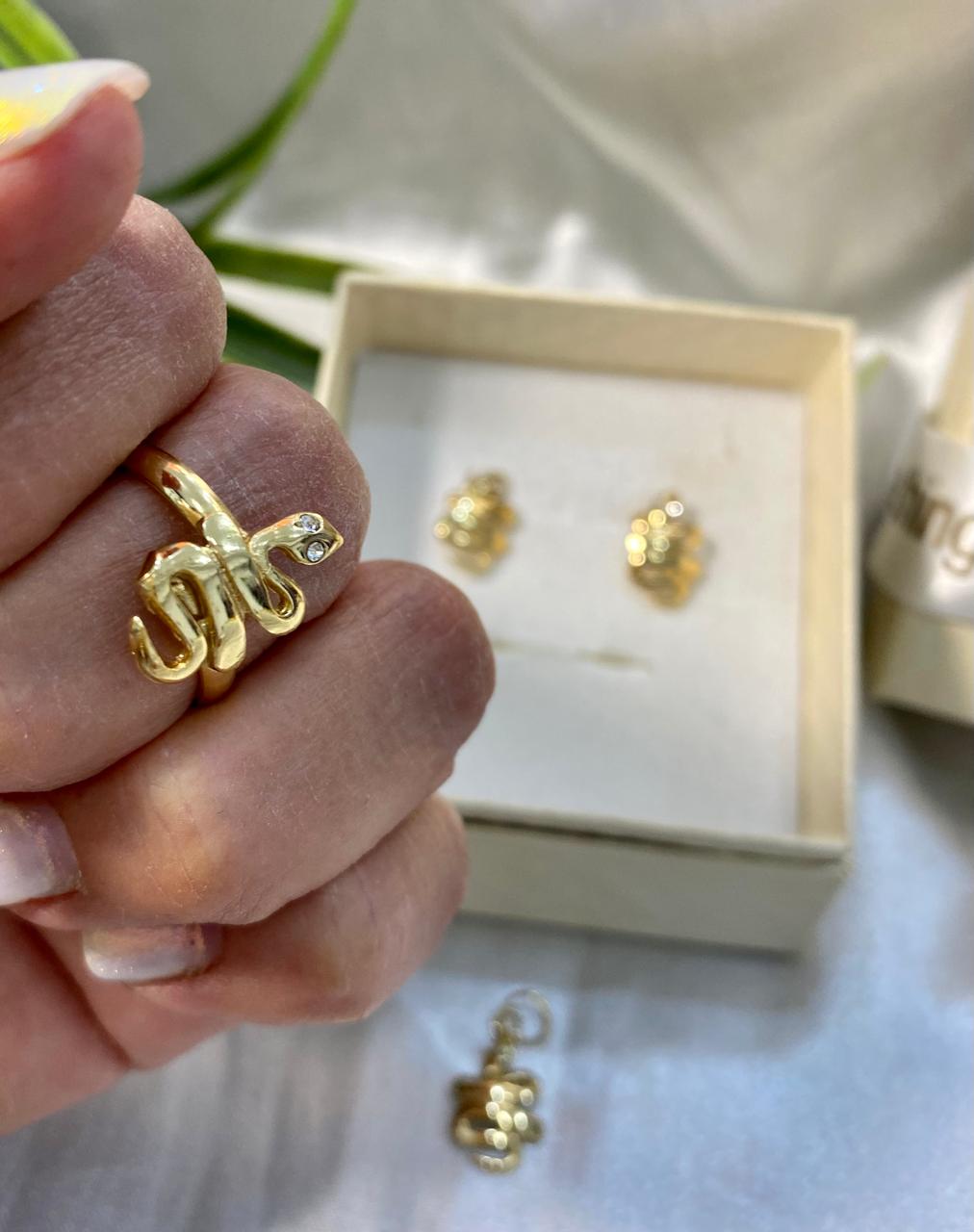 Juego de aretes, anillo y dije en forma de víbora, Chapa de oro