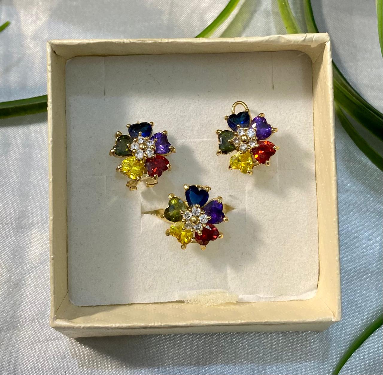 Juego de aretes y anillo en forma de flor,Chapa de oro