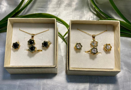 Juego de Cadena con dije, aretes y anillo en forma de flor con piedra, Chapa de oro