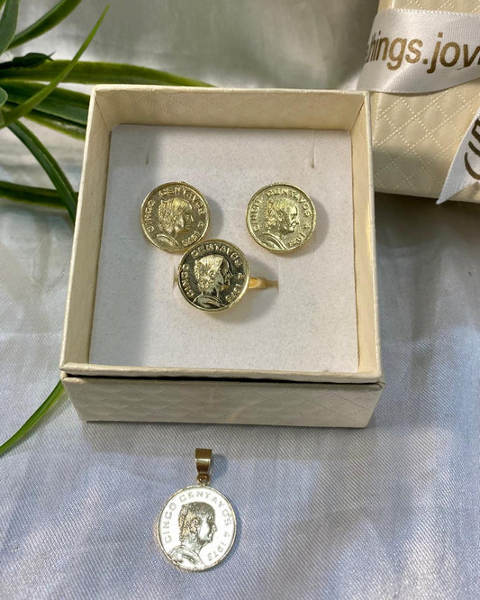 Juego de aretes, anillo y dije de moneda de Cinco Centavos con Josefa, Chapa de oro.
