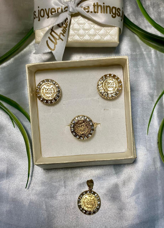 Juego de aretes, anillo y dije de moneda de Dos pesos, Chapa de oro