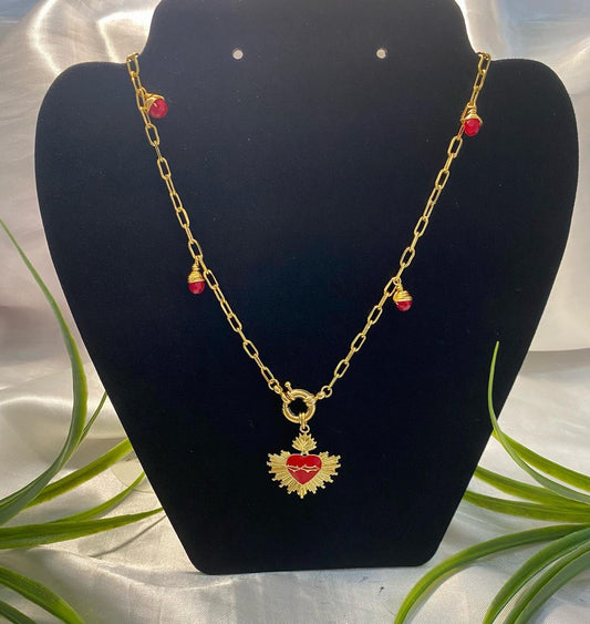 Collar con Dije Sagrado Corazon Detente Chapa de oro y aretes