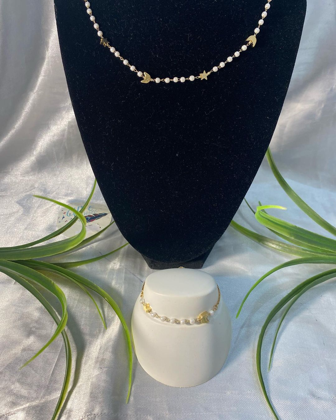 Juego de collar y pulsera Chapa de oro de Luna y Estrella con perla