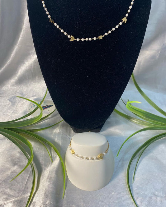 Juego de collar y pulsera Chapa de oro de Luna y Estrella con perla