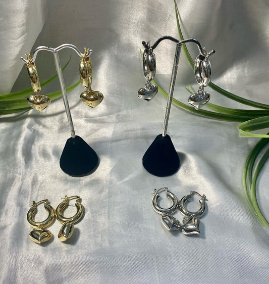 Arracadas con dije de corazón inflado Chapa de oro y Rodio