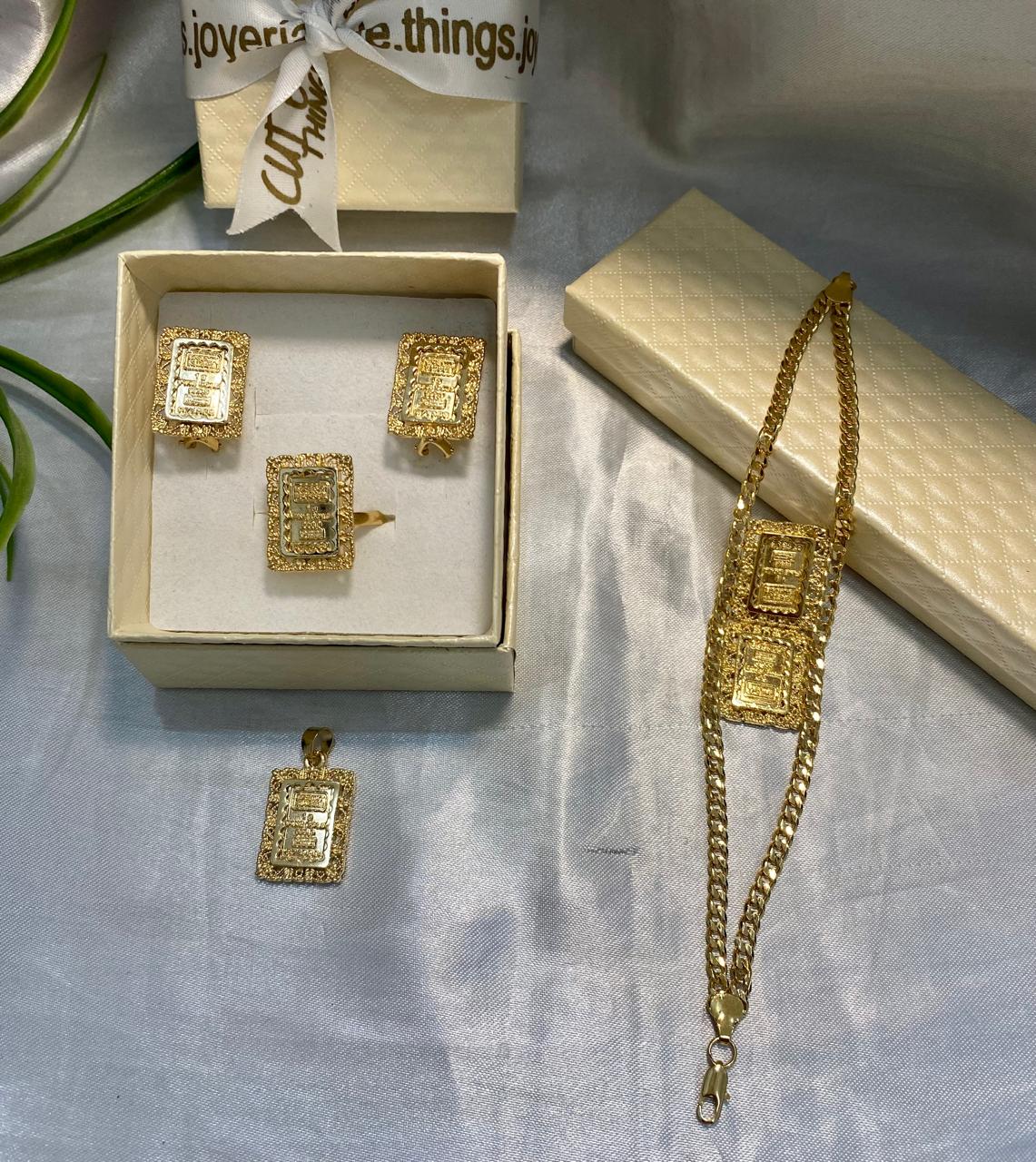 Juego completo de aretes, anillo, dije y esclava de crédito suizo, Chapa de oro