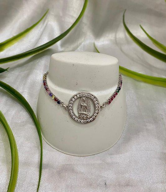Pulsera de elevador con Virgen de Guadalupe en Rodio.