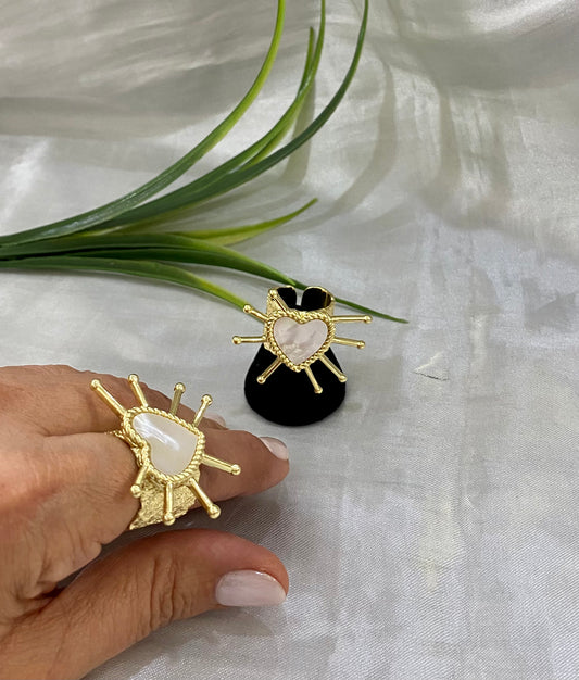 Anillo Ancho Corazón Perla con Picos