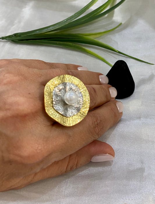 Anillo Doble Olán, Perla, bicolor