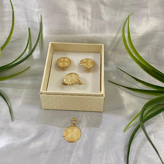 Juego de Aretes, anillo y dije de calendario Azteca mediano