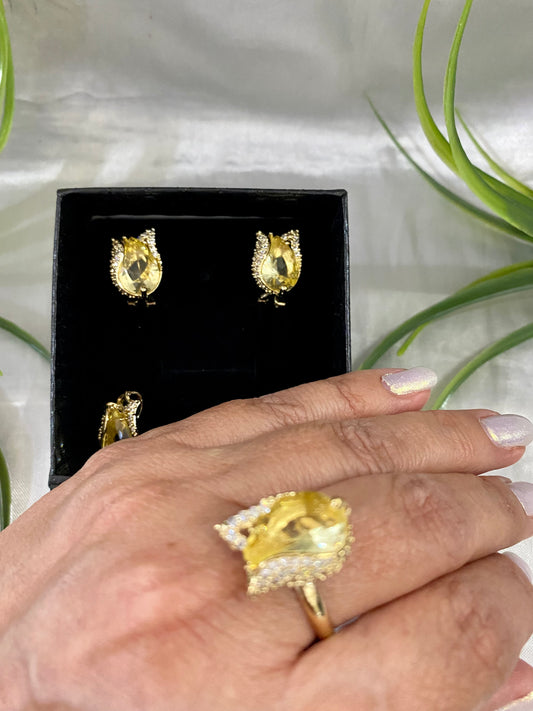 Juego de Aretes, Anillo y dije con Piedra en forma de Tulipán