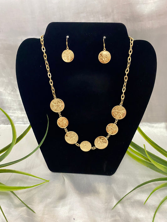 Juego de Cadena y aretes con moneda tipo centenario, Chapa de oro