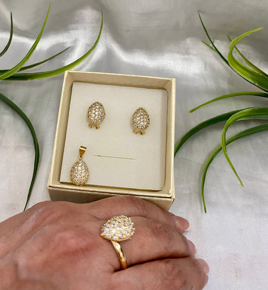 Juego de Aretes, anillo y dije en forma de gota con Zirconia