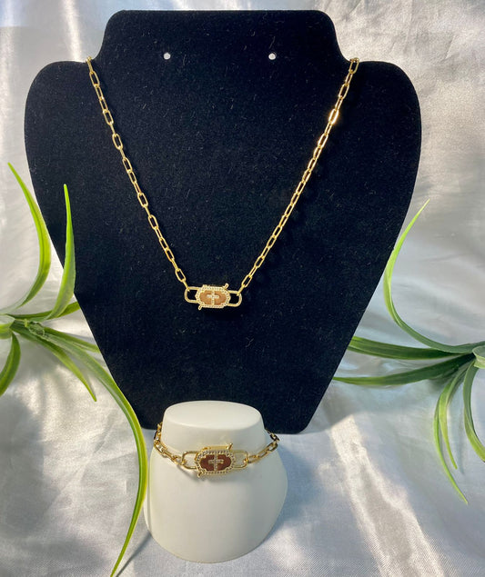 Collar y pulsera con broche candado con cruz Chapa de oro