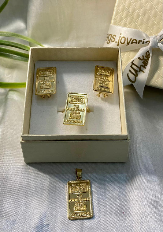 Juego de aretes, anillo y dije de crédito suizo, Chapa de oro