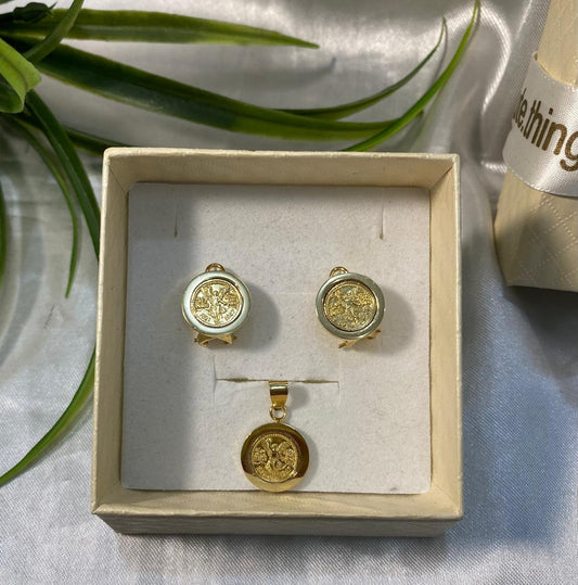 Juego de aretes y dije de moneda mini tipo centenario con bisel liso, Chapa de oro