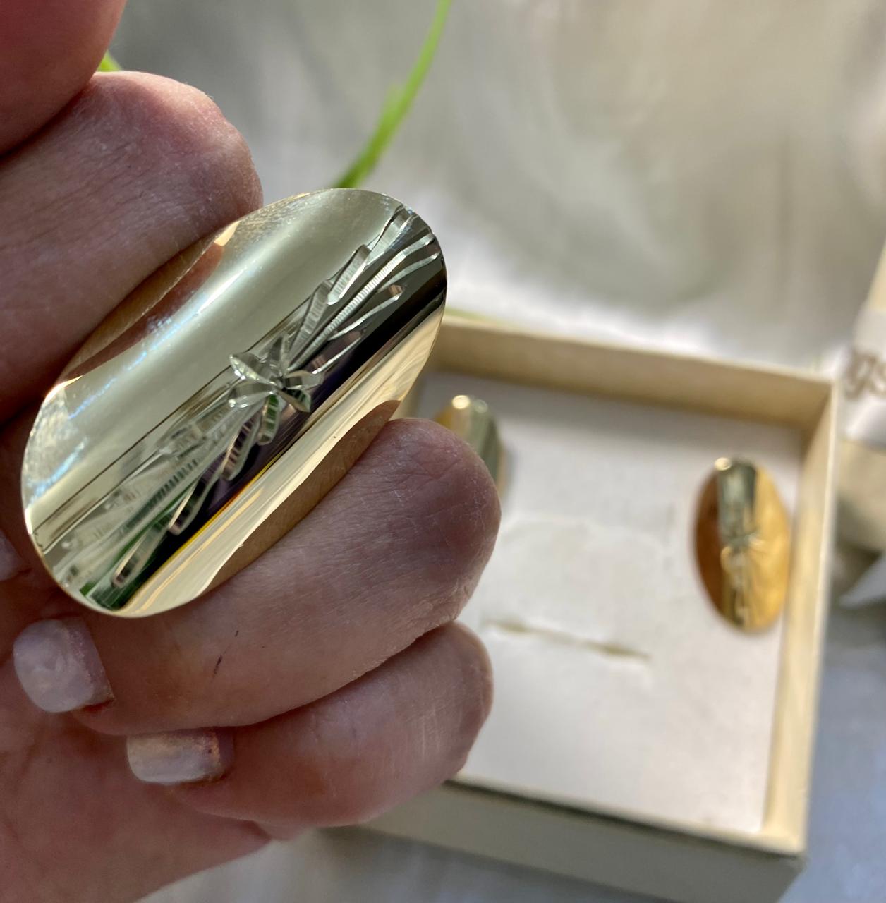 Juego de aretes y anillo ovalado grabado Estrella,Chapa de oro