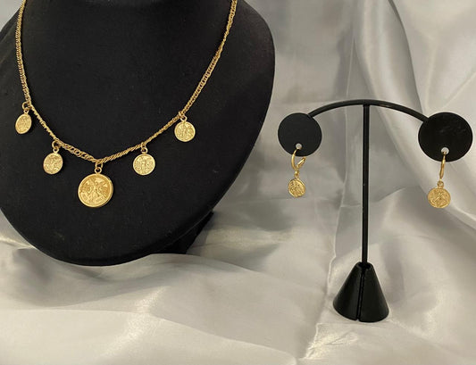 Juego de collar con monedas tipo centenario y aretes, Chapa de oro.